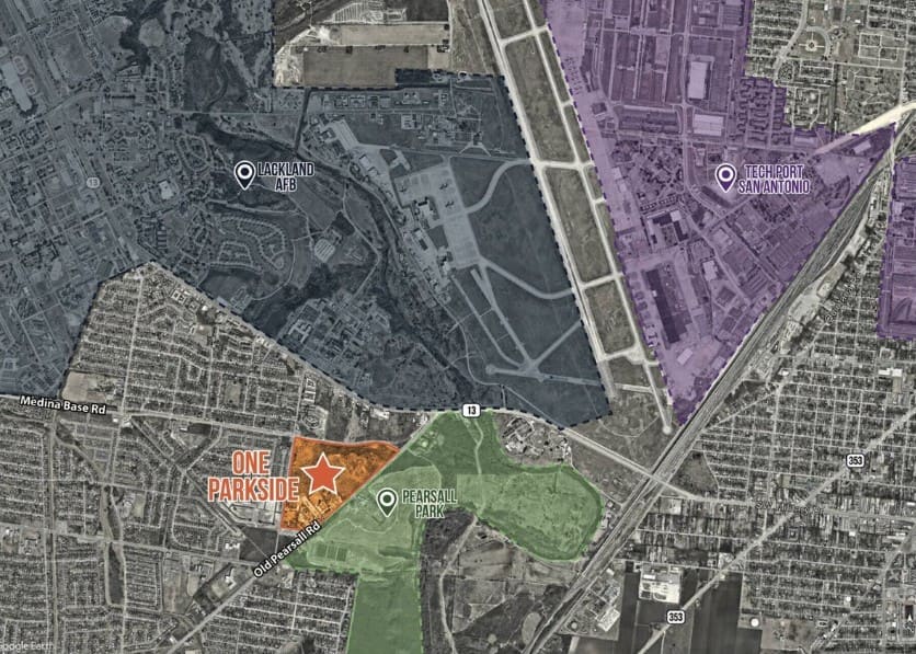 Neighborhood context aerial showing One Parkside positioned between Lackland Air Force Base, San Antonio Tech Port, and Pearsall Park.