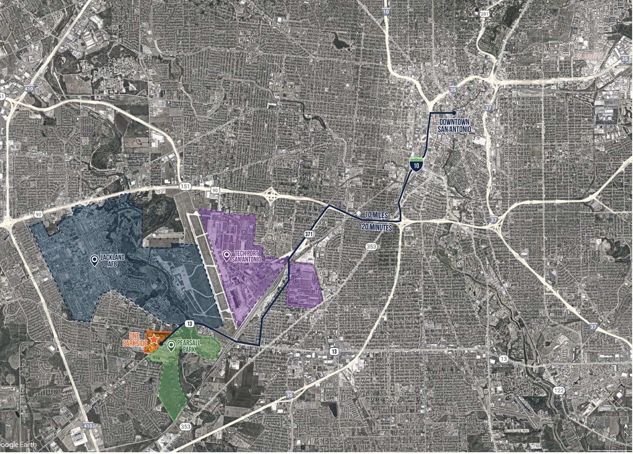 Regional map showing the route from the One Parkside site to downtown San Antonio via Loop 410 and Highway 90, roughly 10 miles and 20 minutes.