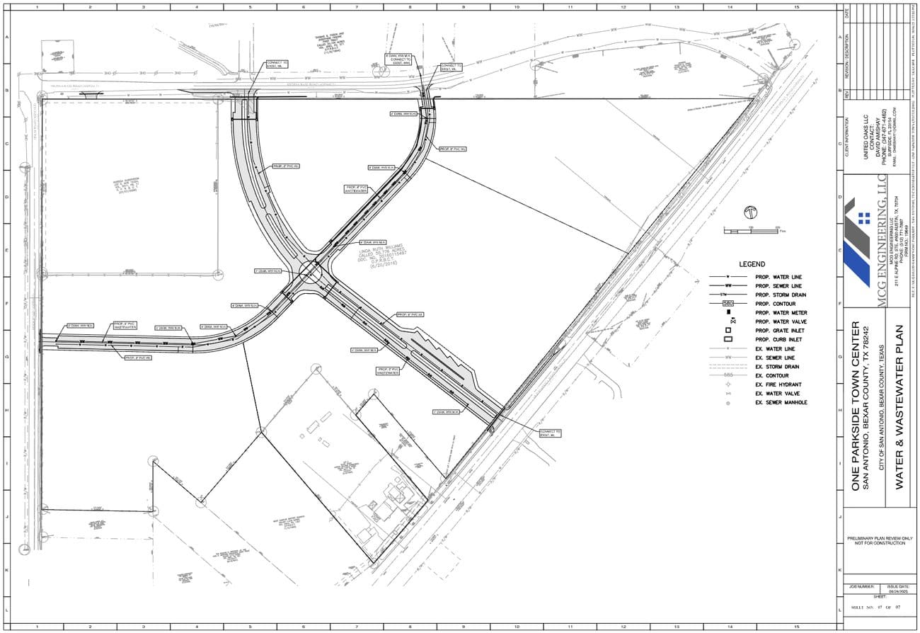 Preliminary water and wastewater plan for One Parkside Town Center, showing proposed water lines, sewer lines, and storm drain infrastructure.