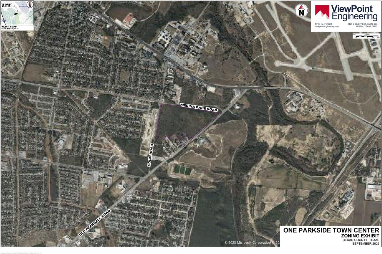 Zoning exhibit aerial prepared by ViewPoint Engineering showing the One Parkside Town Center parcel boundary along Medina Base Road and Holm Road.